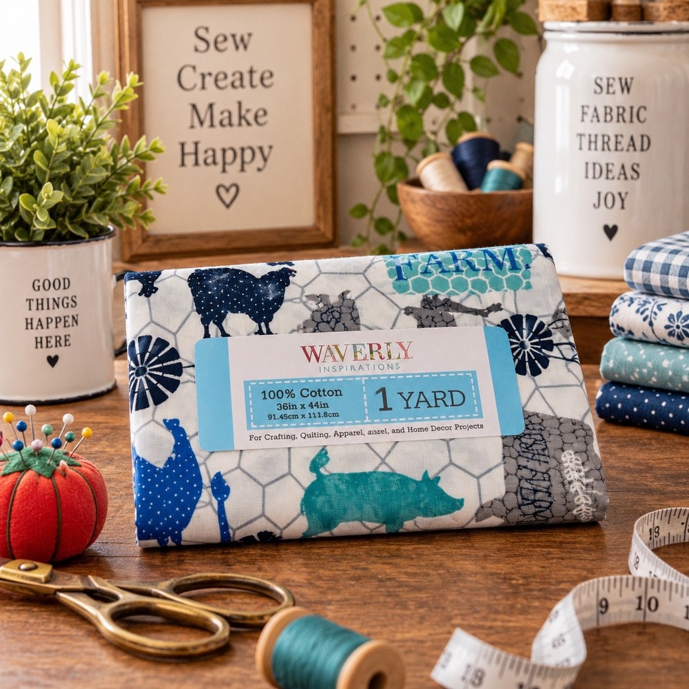Waverly Inspirations Farmhouse Cotton Fabric 1 Yard Blue Cow Pig Chicken 36x44in